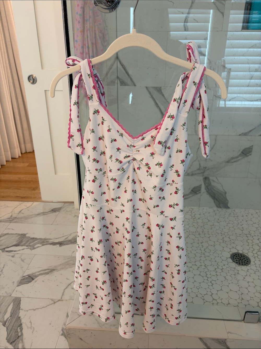 Beach Riot White Mini Dress with Pink Floral Print and Pink Trim Built in Shorts